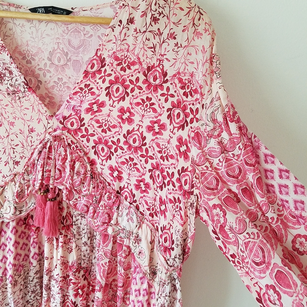Zara Pink Floral V- Neck Tassel Boho Oversize Tunic Mini Dress Size Medium - Picture 5 of 13